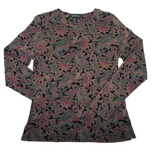 Womens Large Paisley Long Sleeve Crewneck Shirt Black Red Lauren Ralph Lauren